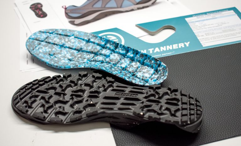 Merrell’s post-consumer recycled insole, outsole, and recycled leathers.